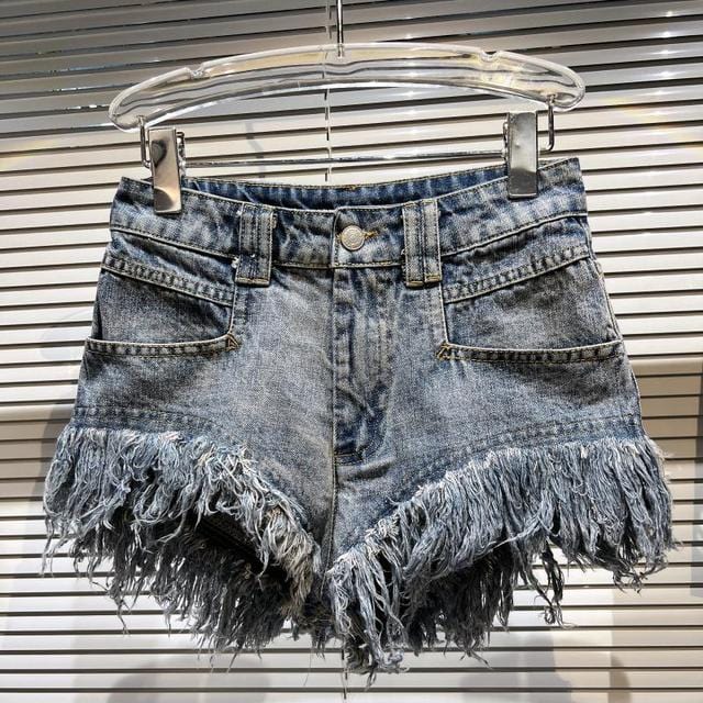 S / Beige GetSpring Women Denim Shorts High Waist Tassel Ultra Short Sexy Jean Shorts All Match 2022 New Style Fashion Female Blue Shorts