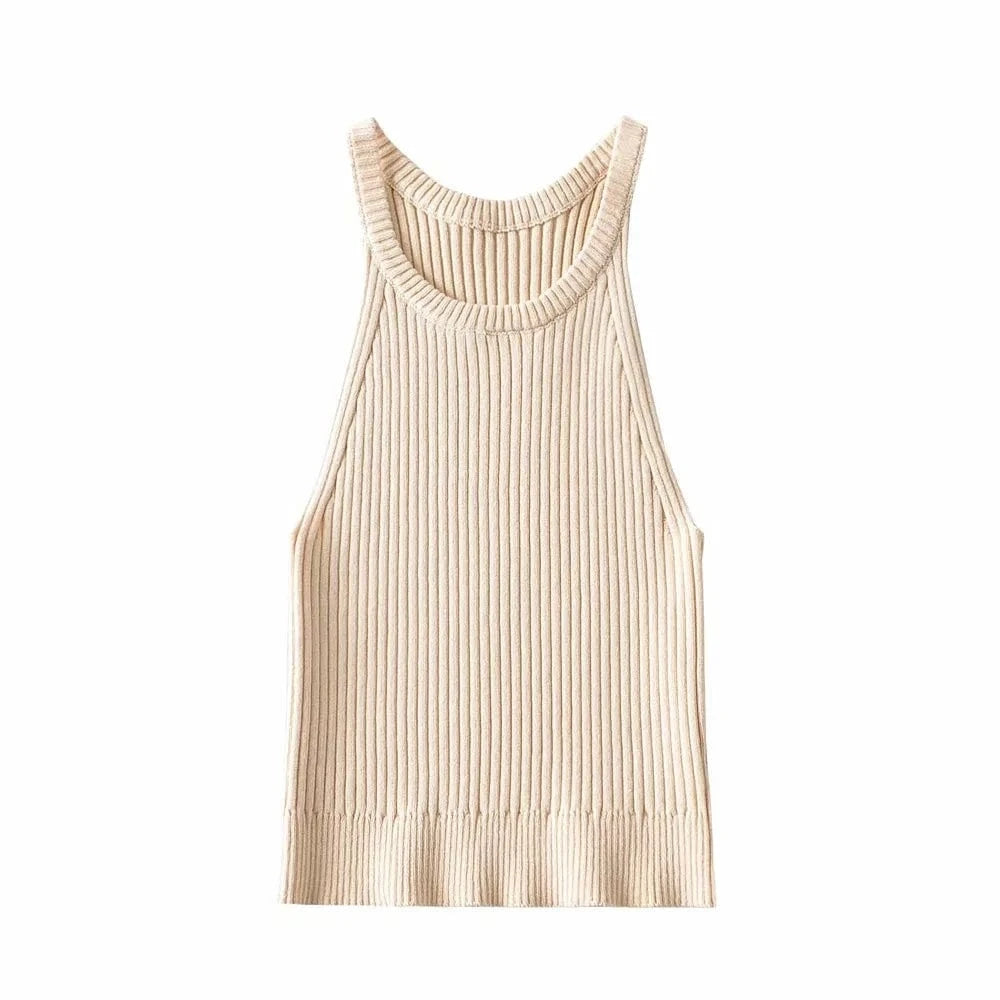 S / Beige INS Fashion Cold Shoulder Candy Colors Knitted Basic Halter Tank Top