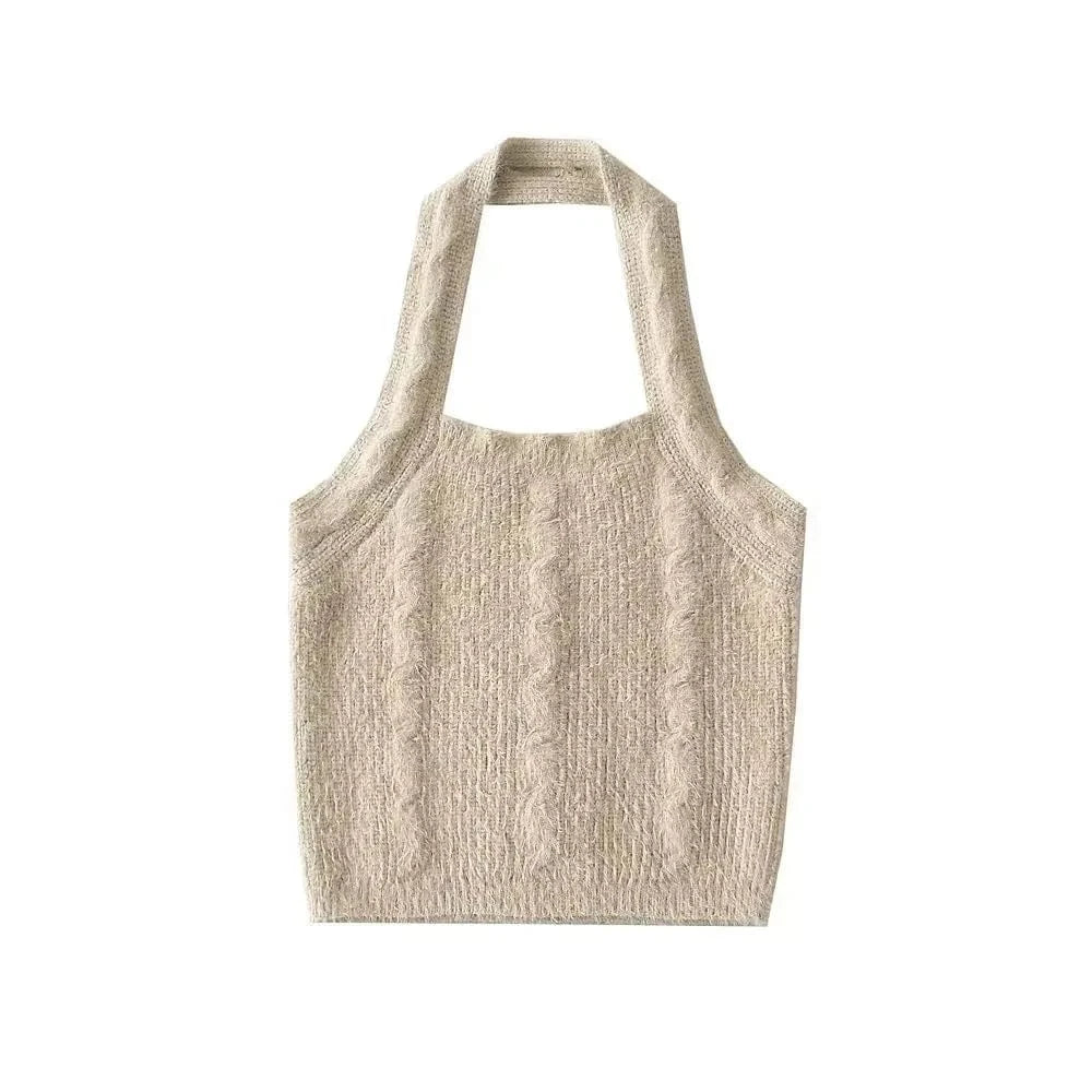 S / Beige Luluxixiyaya Summer Plush Halter Tank Twist Cute Crop Top Women with Candy Color Y2K Knitted
