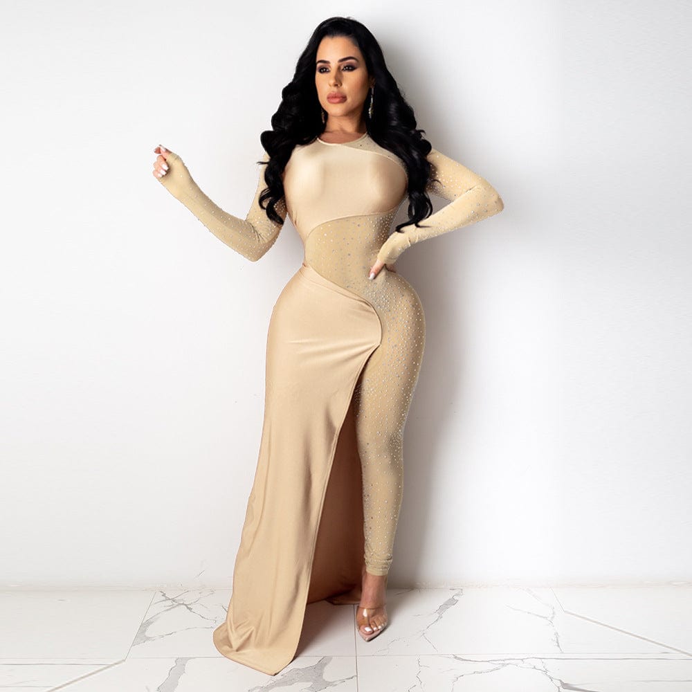 S / Beige RX-CY8832 Best selling spring solid long sleeve diamond dress pants one piece women long dress