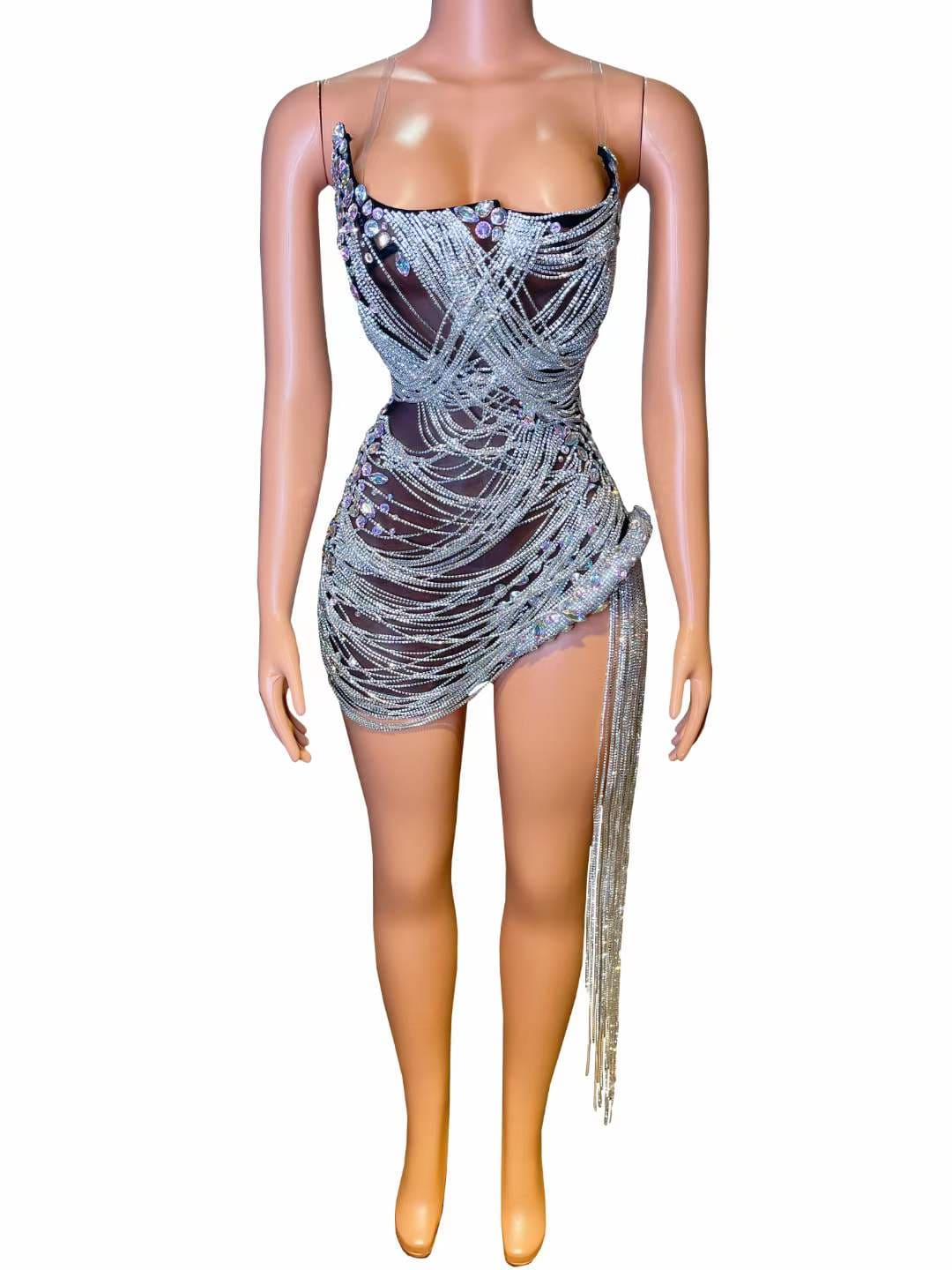 S / black 2022 Hot Style Summer Sexy Sleeveless Slip Dress Performance Wear Shiny Crystal Dress Women Rhinestone Tassel Mini Dress