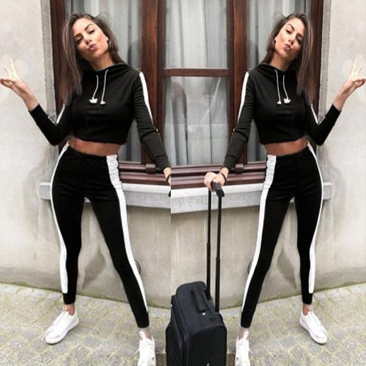 S / Black 2022 Wholesale Ladies Crop Top Drawstring Hoody Splicing Joggers Fitness Cropped Top Hoodie 2 Piece Set Women
