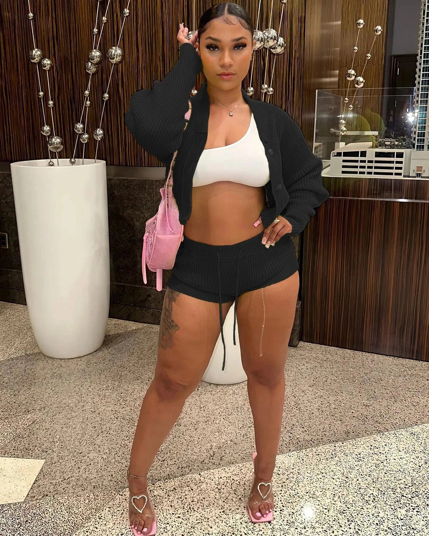 S / Black 2023 Fall Clothing Knitted 2 Piece Set Women  Cardigan and Short Pants Two Piece Women Fitness Outfits