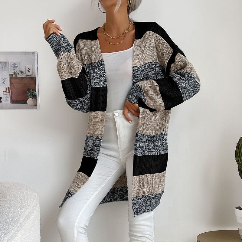 S / Black and Khaki Womens Color Block Sweater Coat Outwear Long Sleeve Open Front Loose Knitted Cardigan Sweaters