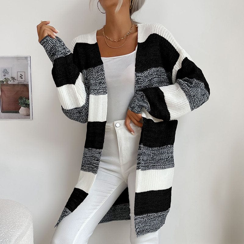 S / Black and white Womens Color Block Sweater Coat Outwear Long Sleeve Open Front Loose Knitted Cardigan Sweaters