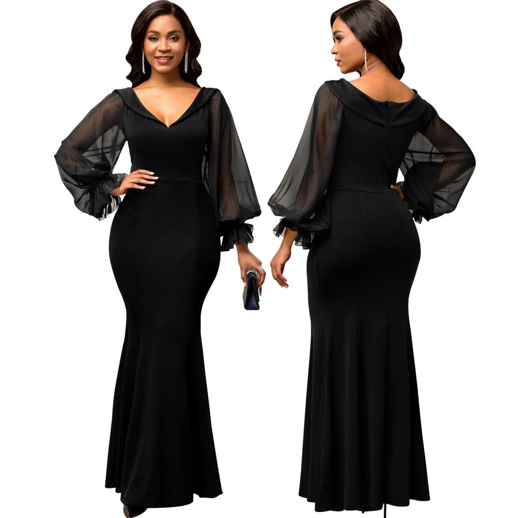 S / black C1103TA22 Dropshipping Elegant Solid Color Sheer Mesh Sleeve Bodycon Ladies Evening Dress Sehe Fashion