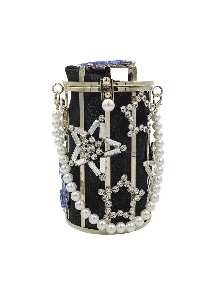 S / black Crystal Rhinestones Star Evening Clutch Bag Luxury Round Pearl Hollow Out Purse Mini Bucket Cage Handbags Diamond Dinner Purse
