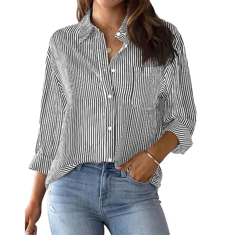 S / Black European Foreign Trade Women's clothing 2023 Autumn New Striped Cardigan top Loose casual Long sleeve shirt For Women
