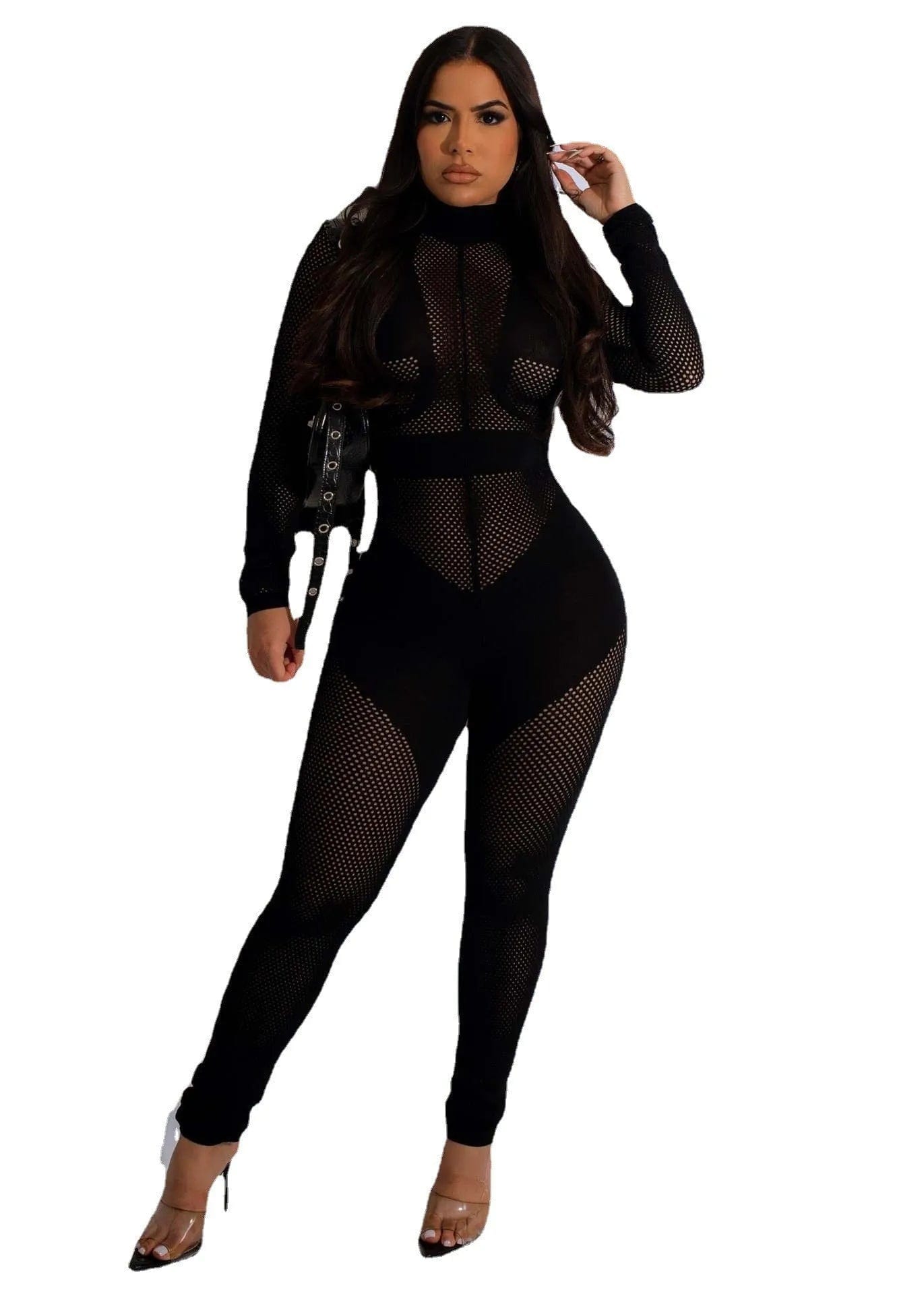 S / Black Fall Winter Clothing 2023 New Arrivals Women Birthday Jumpsuit Tight Fitting See Through Sexy Long Sleeve Knit Sweater Jumpsuit