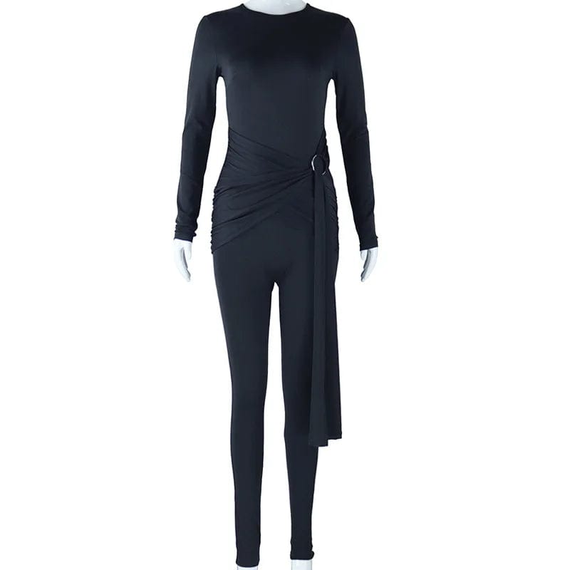 S / Black Fall Winter Fashion Casual Long Sleeve Plain Bodycon Sexy Lady Crossed Belt Romper Playsuits Jumpsuit Women