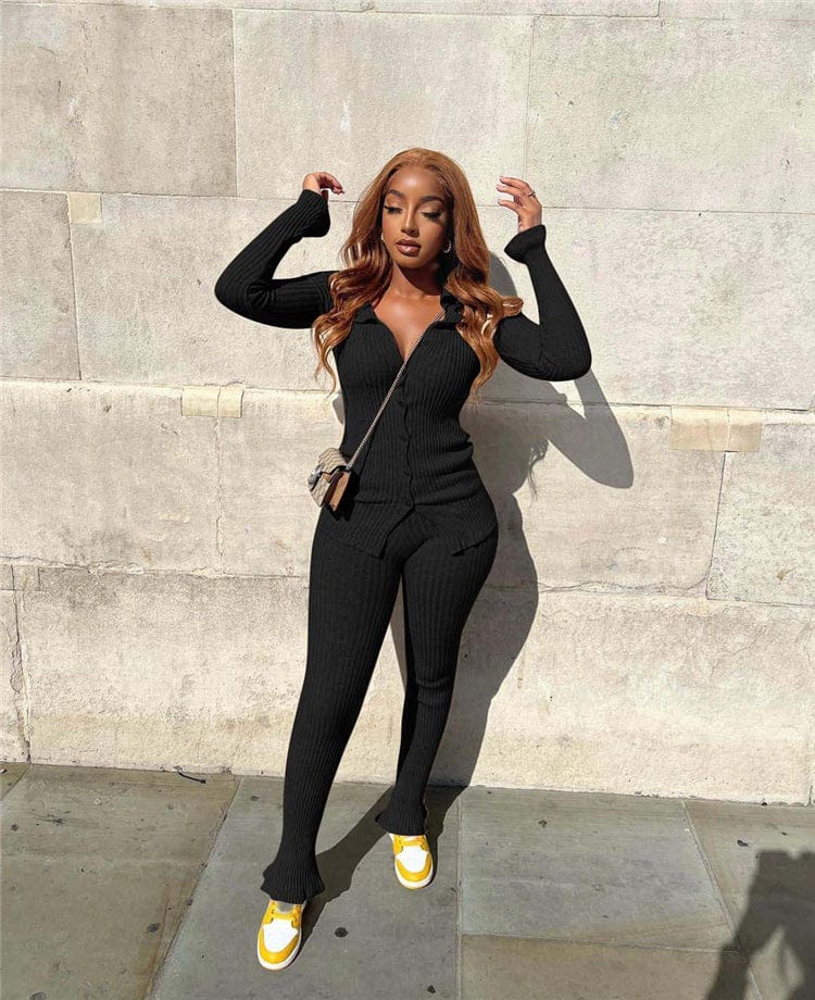 S / black Fashion New Solid Color Long Sleeve Rib Winter 2 Piece Sets For Women Two Piece Pants Set Women
