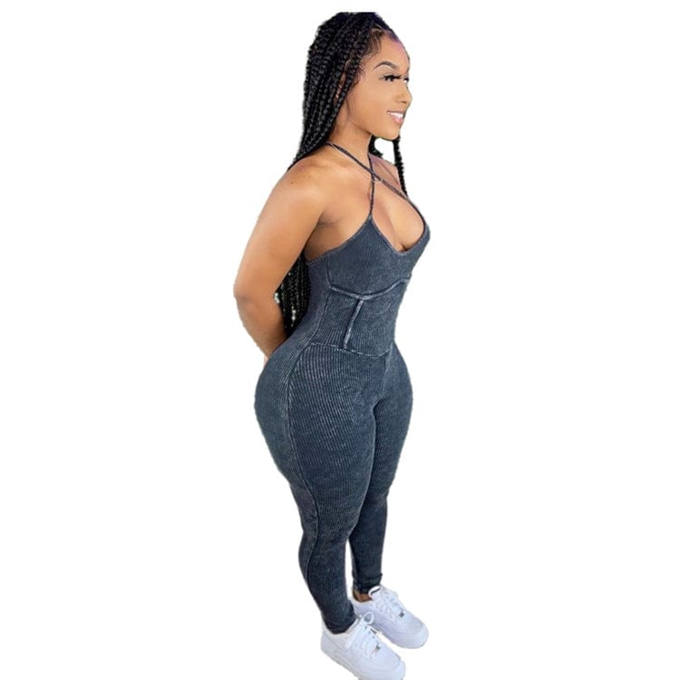 S / Black Gray OSINA Hot Sale V Neck Autumn Spaghetti Strap Solid Color Leather Women Bodycon Jumpsuits