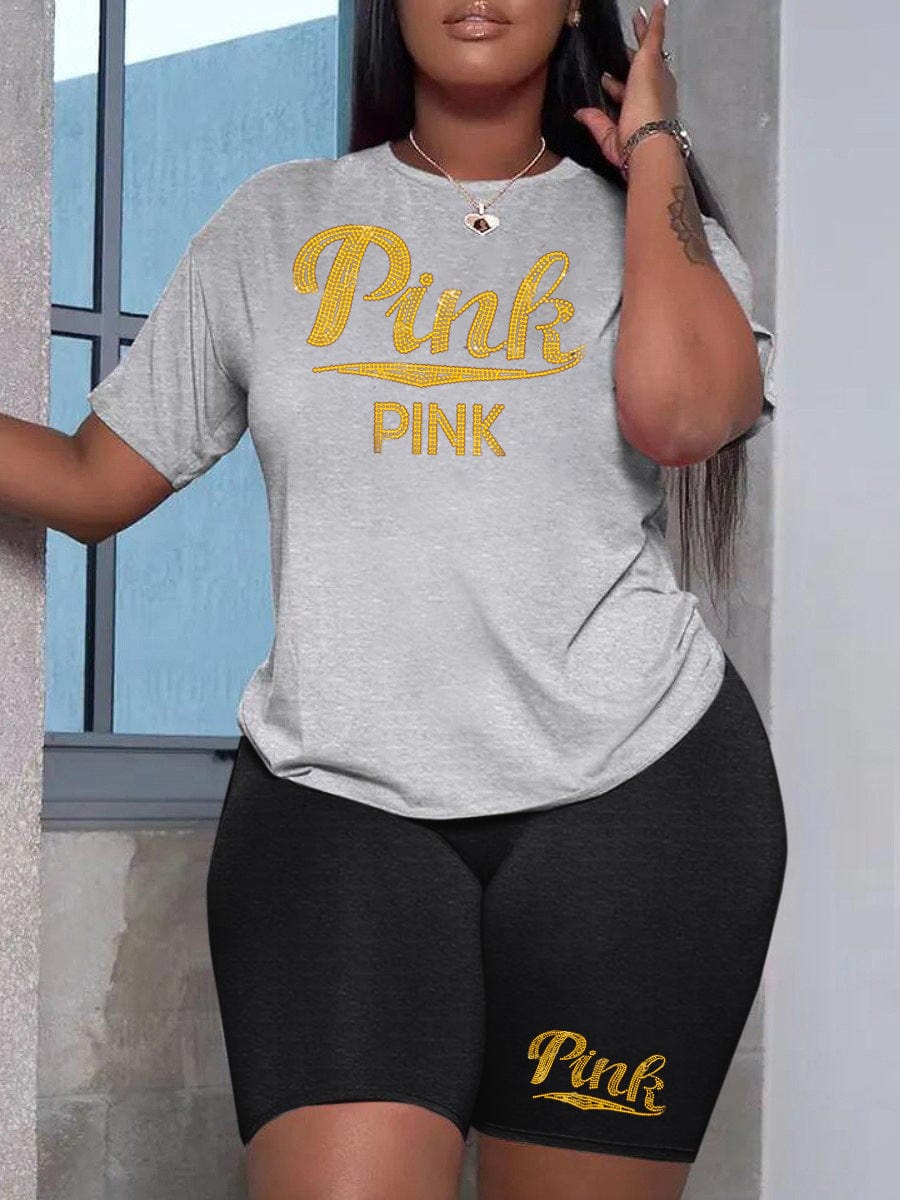 S / Black Gray Z106463 Summer women's Plus Size two piece Casual crystal decoration t-shirts shorts two piece set