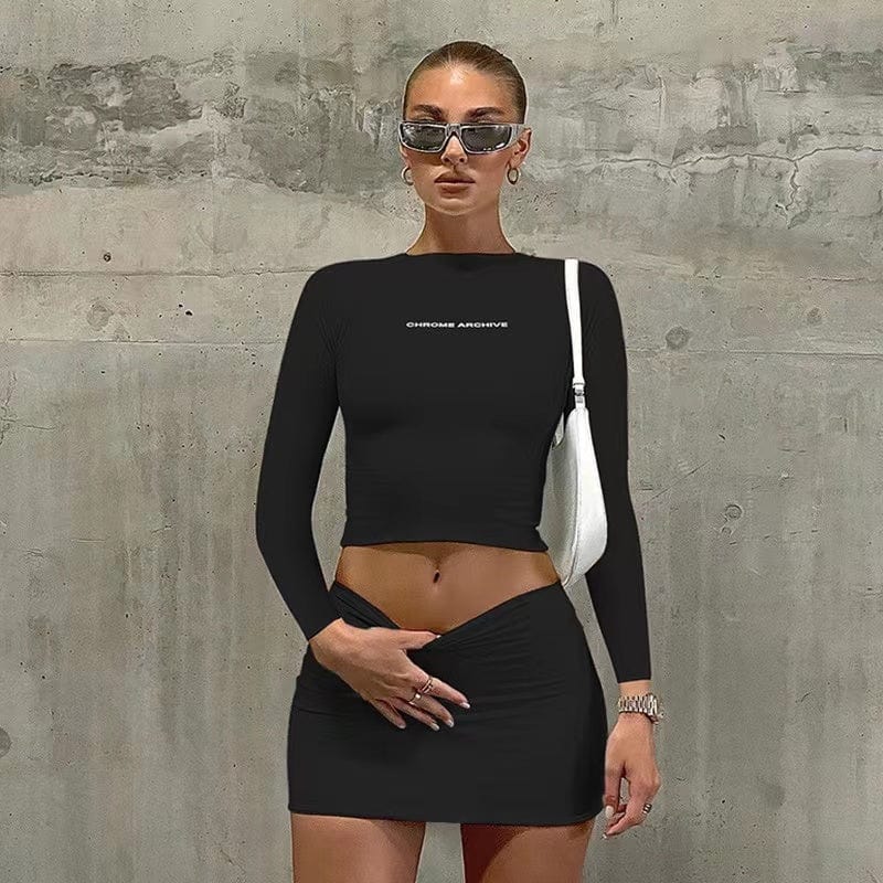 S / black J&H 2023 new arrivals high stretchy elegance two piece mini skirts set women sexy long sleeve crop top Y2K clothing