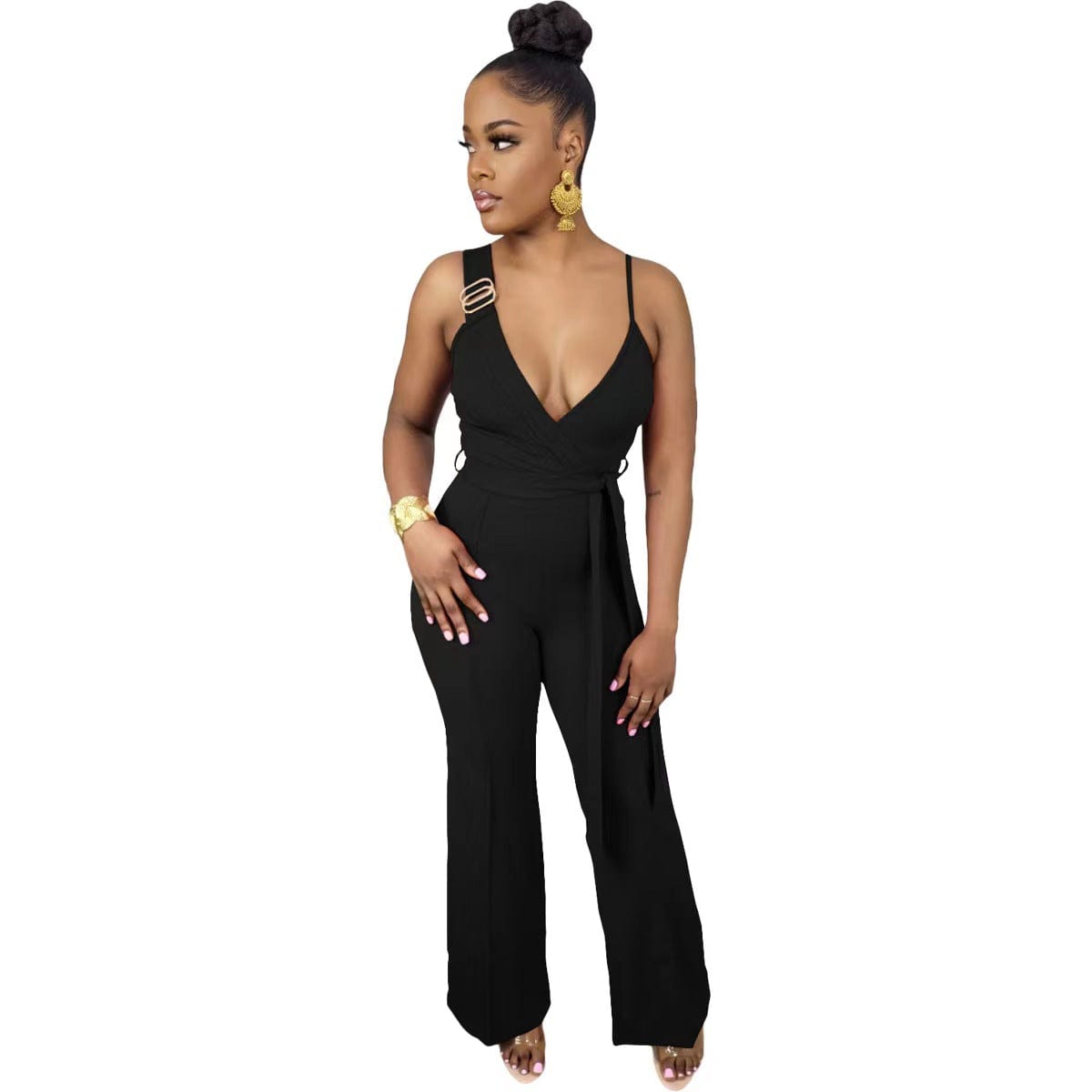 S / black J&H 2023 new arrivals sexy deep v neck wide leg jumpsuits women sleeveless elegance summer outfits