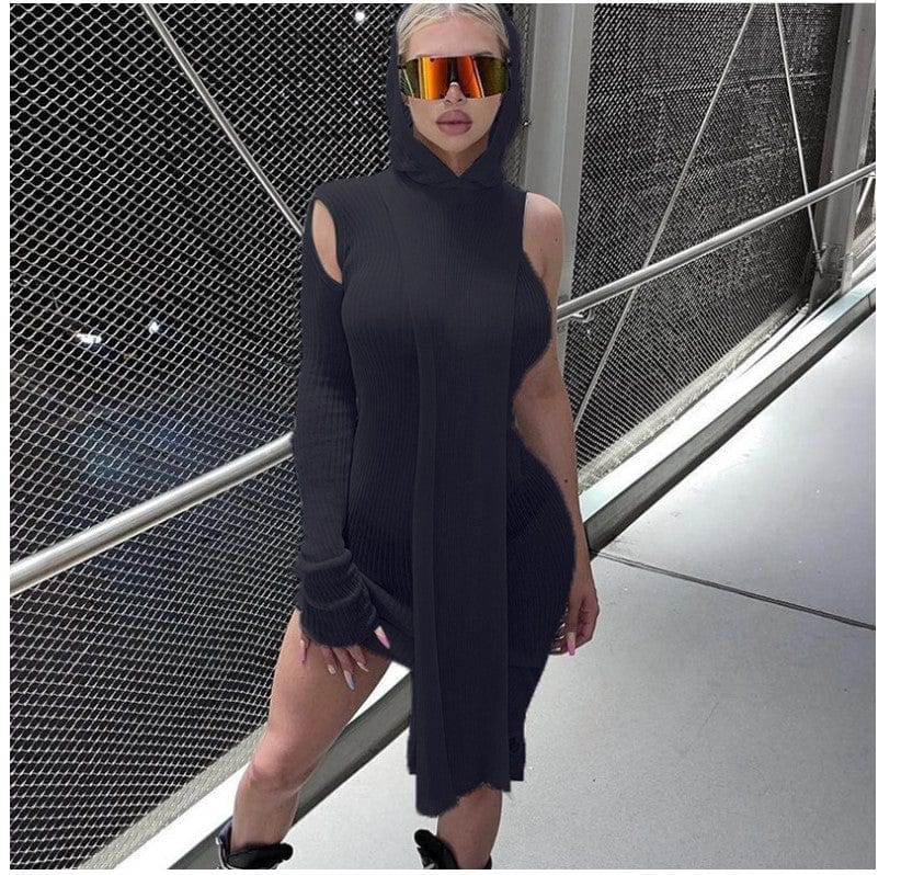 S / black Kliou M21D07233 Autumn Fashion Irregular One Shoulder Long Sleeves Solid Color Slim Dress See Through Hooded Maxi Dress Ladies