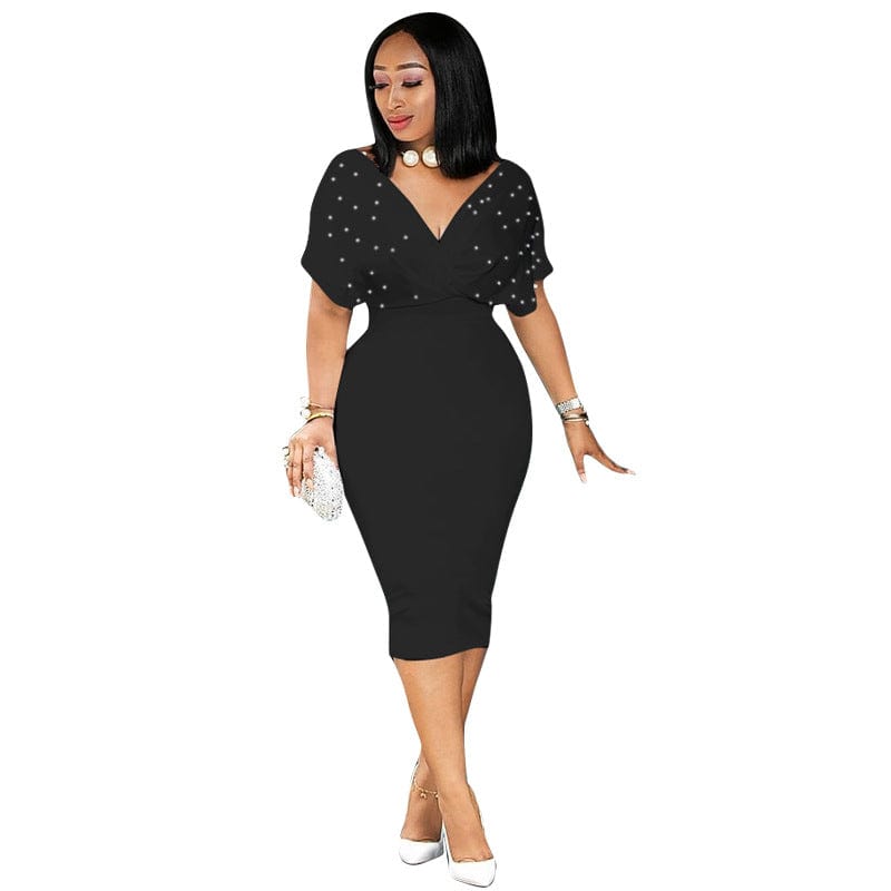 S / Black MYP8825 elegant pearl new solid color tube top V neck half sleeve back zipper bubble bead fashion dress