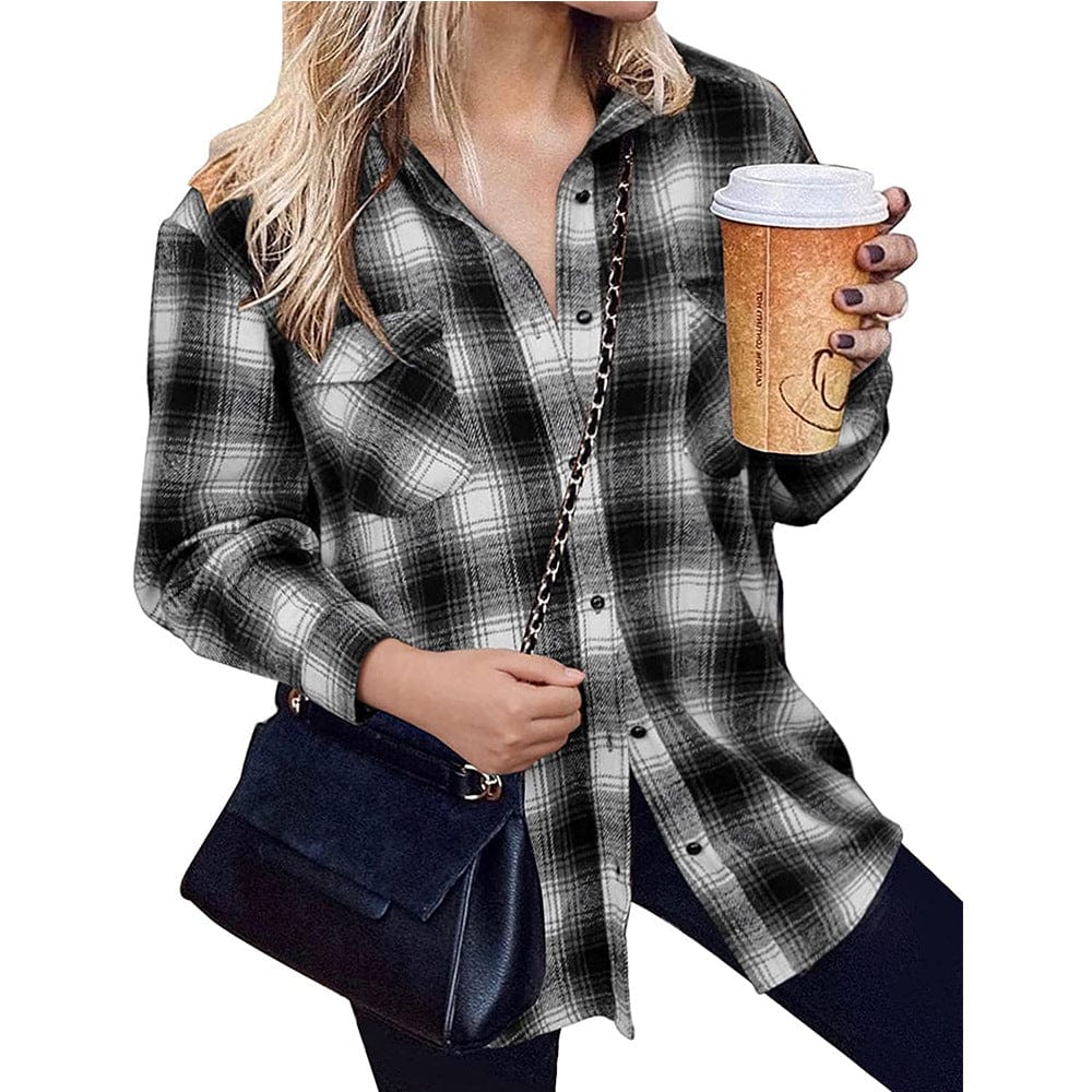 S / Black New Trend 2022 Yarn Dyed Plaid Loose Casual Jacket Patchwork Design Oversize Jacket Polyester Turn Down Collar Coat For Women