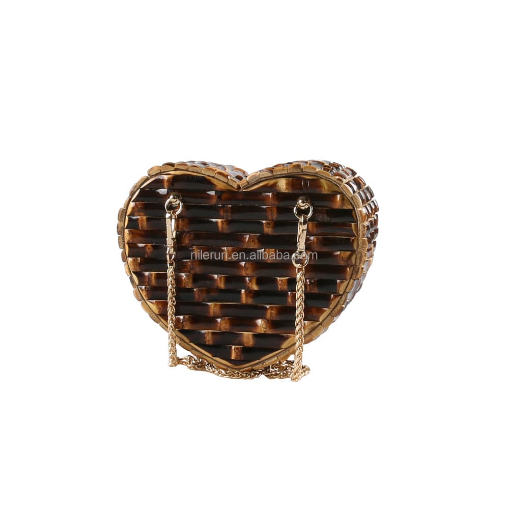 S / black Nilerun Wood Rattan Straw Latest New Fashion Unique Handmade Cute Heart Shape Natural Bamboo Root Shoulder Bag Purse Handbag