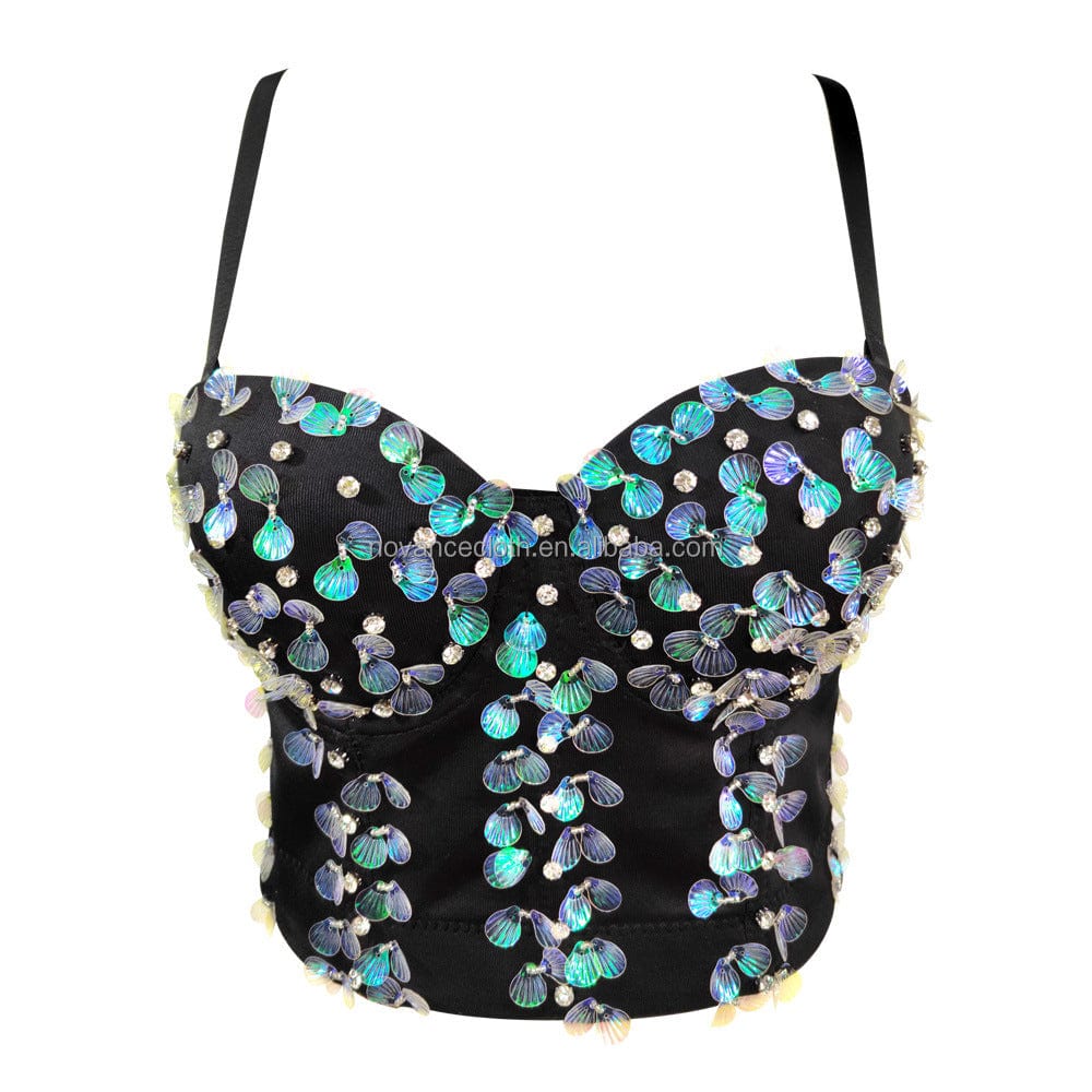 S / black NOVANCE Trending Products Black Shell Sequined Lingerie Wearing Hot Girl Top Rhinestone Beaded Fishbone Corset Top Bra For Women