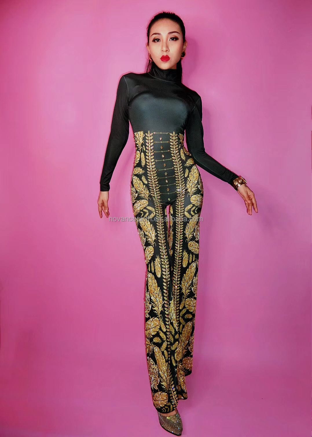 S / black Novance Y1401 Best Sellers Amazon 2022 Golden Diamond Leaf Pattern One Piece Black Sexy Jumpsuit Wide Leg Pants Women Elegant