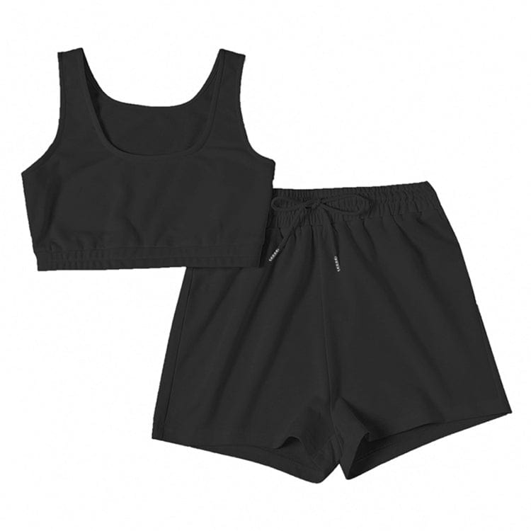 S / black OSINA Lowest Price Solid Color Custom Logo Crop Top Two Piece Set Women Clothing Shorts Womens Sweat Absorbing Sports Suit