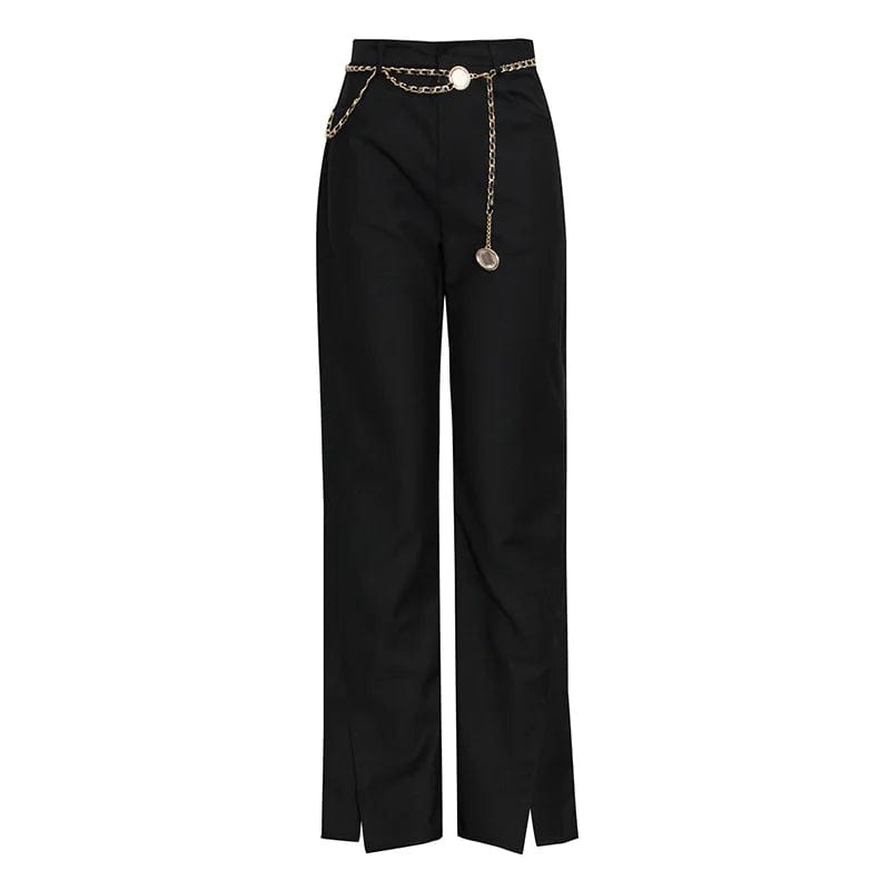 S / Black OUDINA British Style Suit Pants 2023 Autumn New High Waist Solid Color Pants Small Slit Chain Belt Straight Woman Pants