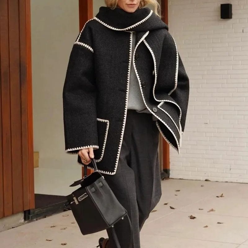 S / Black OUDINA French Style Double-sided Woolen Coat For Women Scarf Collar Tassel Cape Woman Jacket Winter Coat