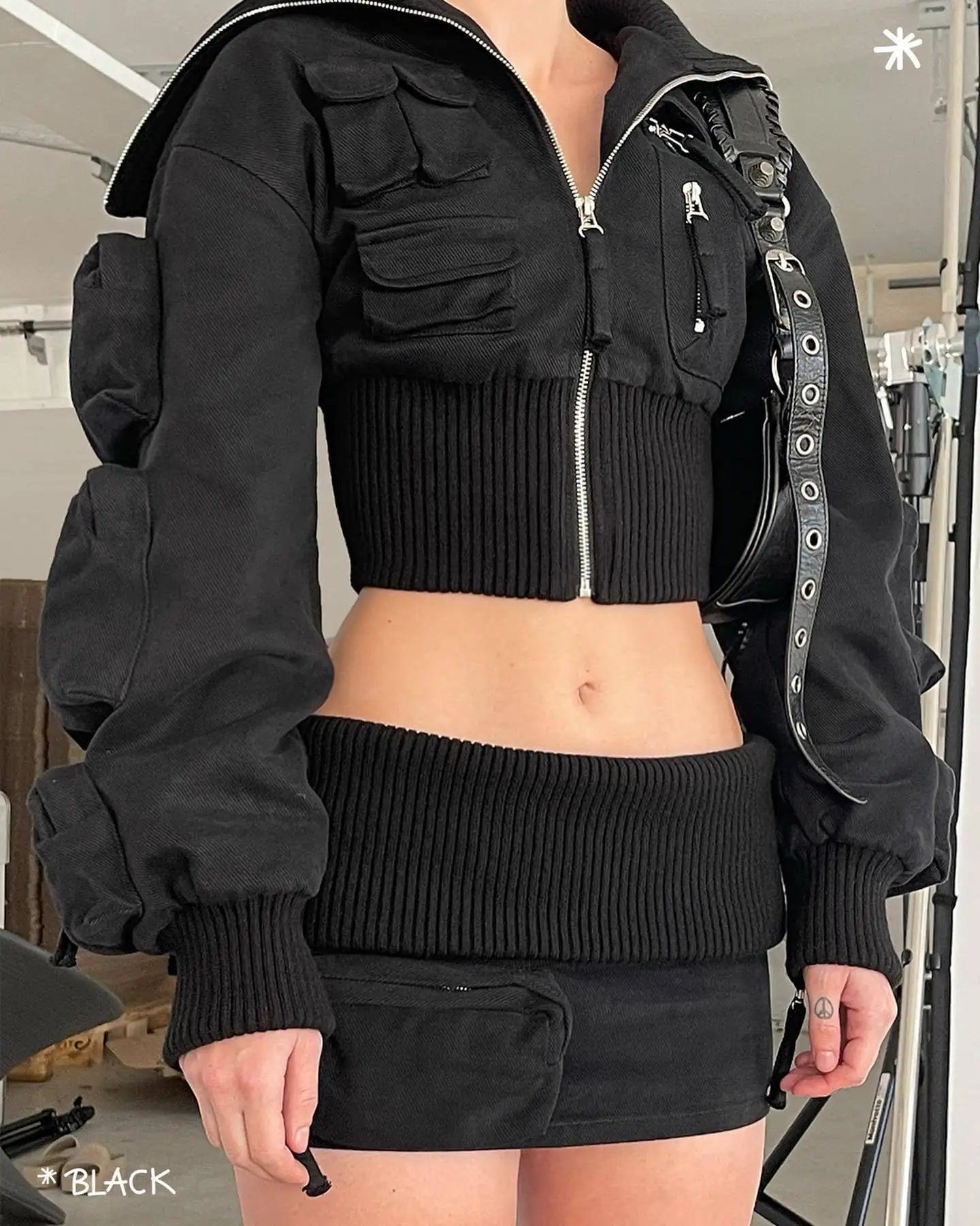 S / Black OUDINA New Arrivals Zipper Cargo Jacket Mini Skirt Two Pieces Sets Women Clothing 2 Piece Set Women's Sets
