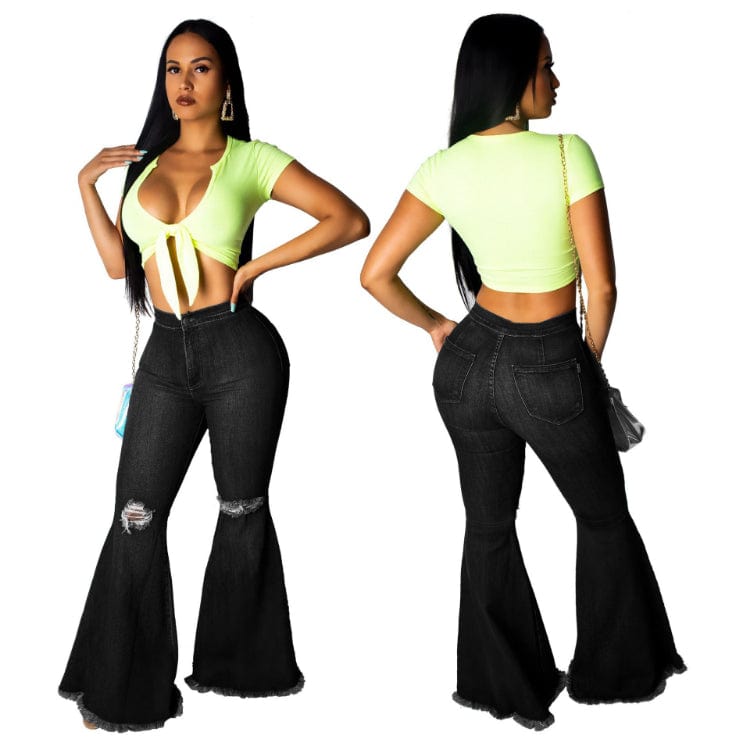 S / black Plus Size Jeans Woman High Waist 2023 New Denim Trousers Water Wash Versatile Women's Denim Flare Pants Lady Bell Bottom Jeans