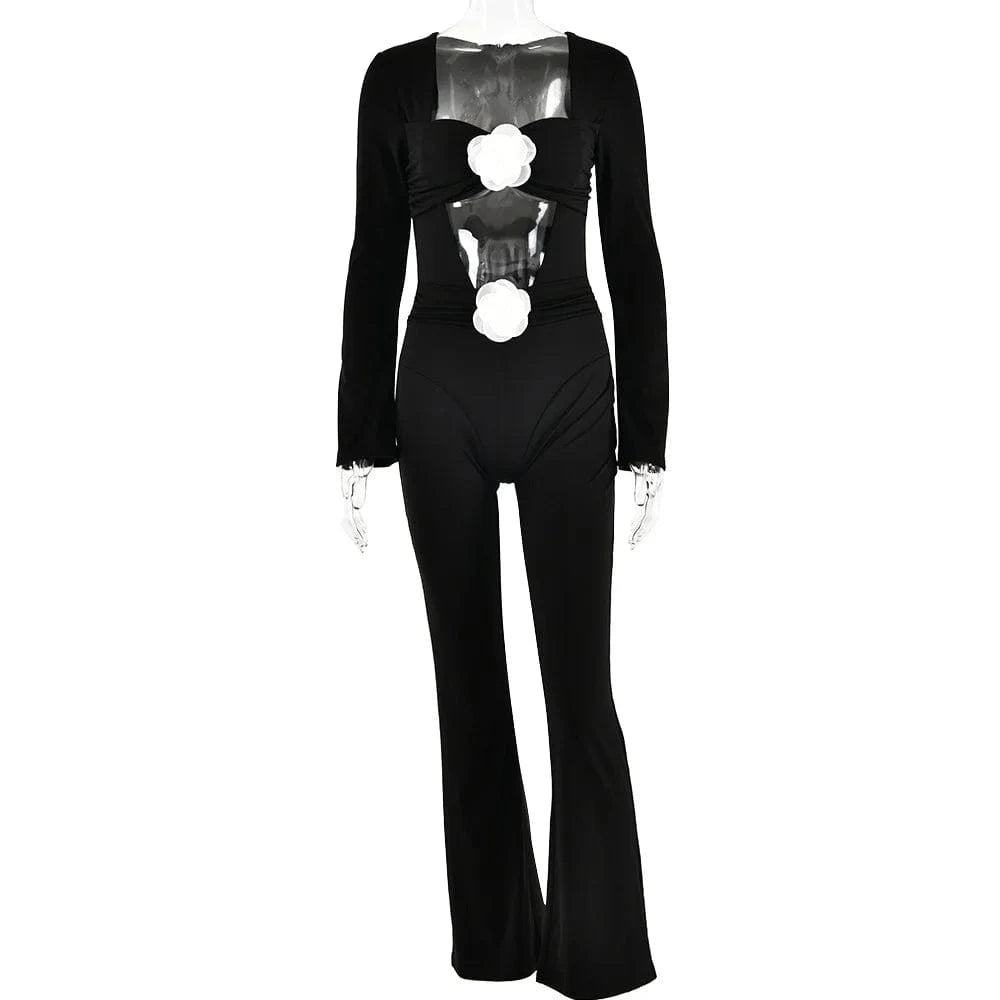 S / Black RedPeony Women's Sexy Hollow Slim Bell Bottoms Solid Flowers Decorate High-waisted Women Clothing Long Sleeve Jumpsuit