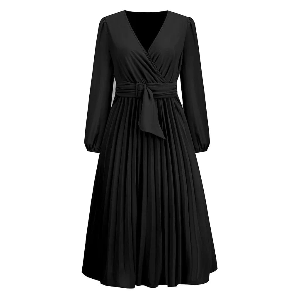 S / Black Spring Autumn New Long Sleeve Slim Pleated Belt V-neck Women's A-line Dress Lantern Sleeve Evening Women Elegant Dresses