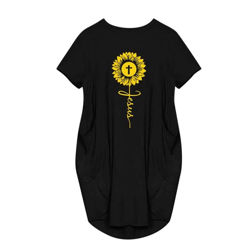 S / black Sunflower Print Plus Size Dresses For Women Ladies Oversized Short Sleeve Pocket Mini Dress Casual Loose Summer Faith JesusCross