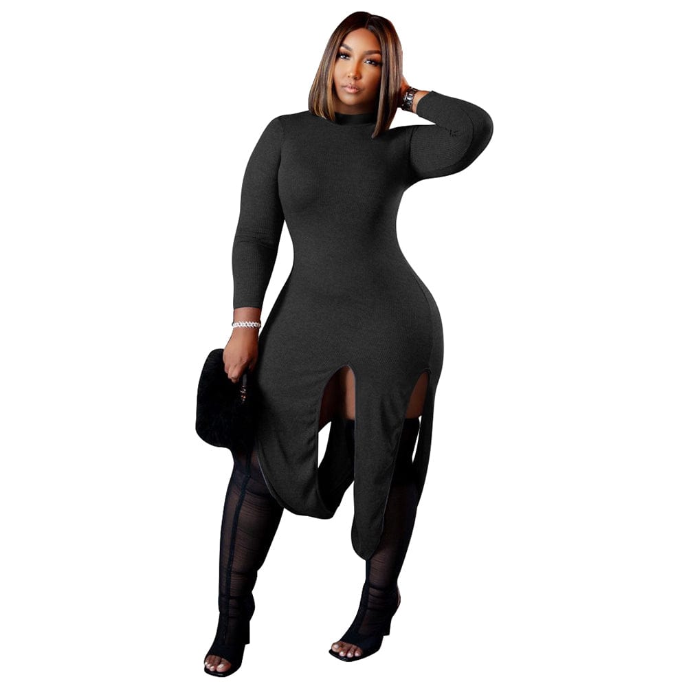 S / black Trendy Women Clothes Sexy Solid Pit Split Joint Half A Turtleneck Irregular Dresses