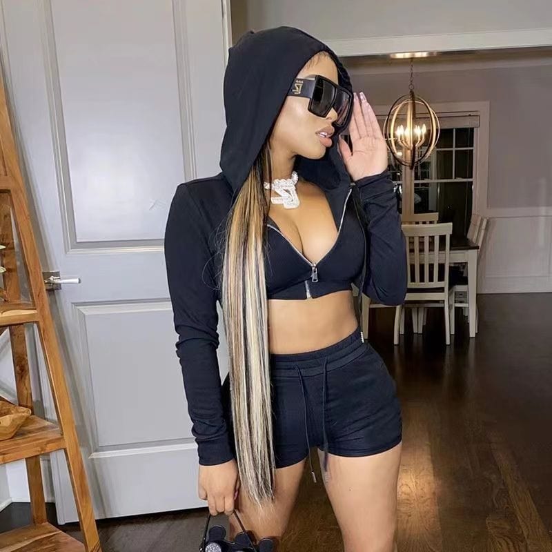 S / black Two Piece Pant Set Knit Two Piece Outfits Summer Crop Hoodie Jacket Tops Shorts Tracksuit Sets