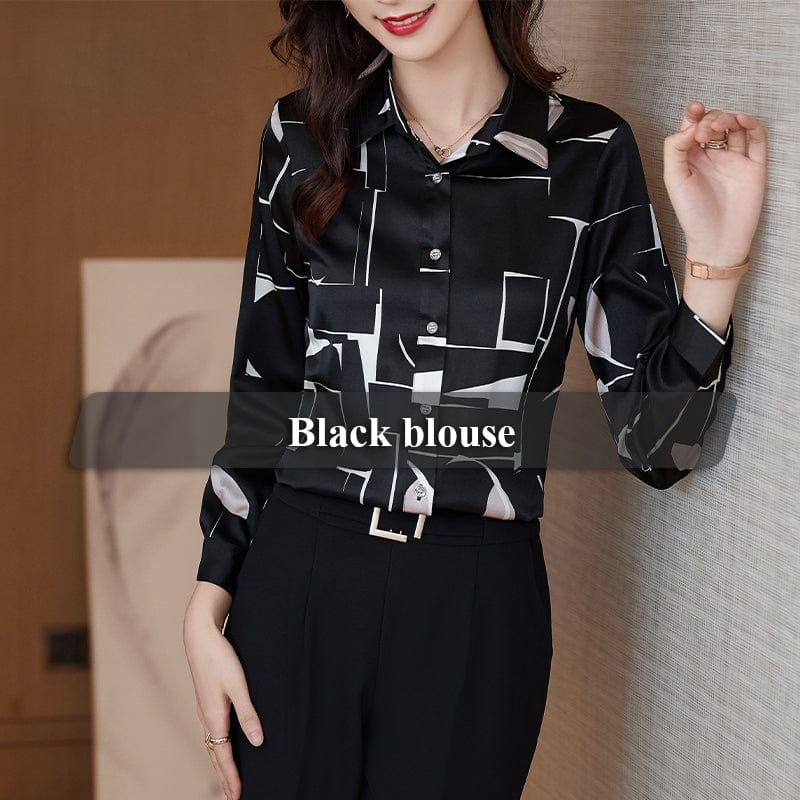 S / black Wholesale High Quality New Elegant Female Loose Blouse Formal Women Clothes Tops Office Ladies Plus Size Fashion Printing Shirt