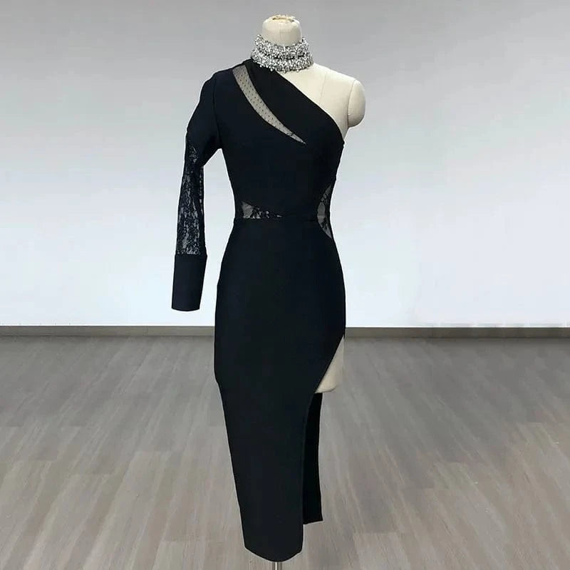 S / Black Women's Clothes Bodycon One Shoulder Crystal Collar Bandage Party Evening Prom Dress High Split Dresses