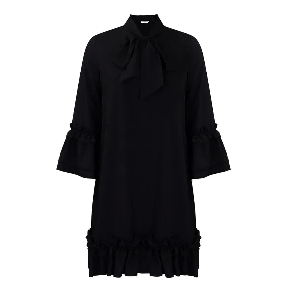 S / Black Women's Loose Casual Plus Size Ruffle Sleeve Tie Solid Color Foreign Trade Dresses