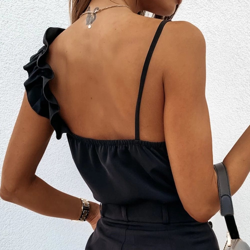 S / black Women Summer Blouse Shirts Sexy V Neck Ruffle Blouses Backless Spaghetti Strap Office Ladies Sleeveless Casual Tops