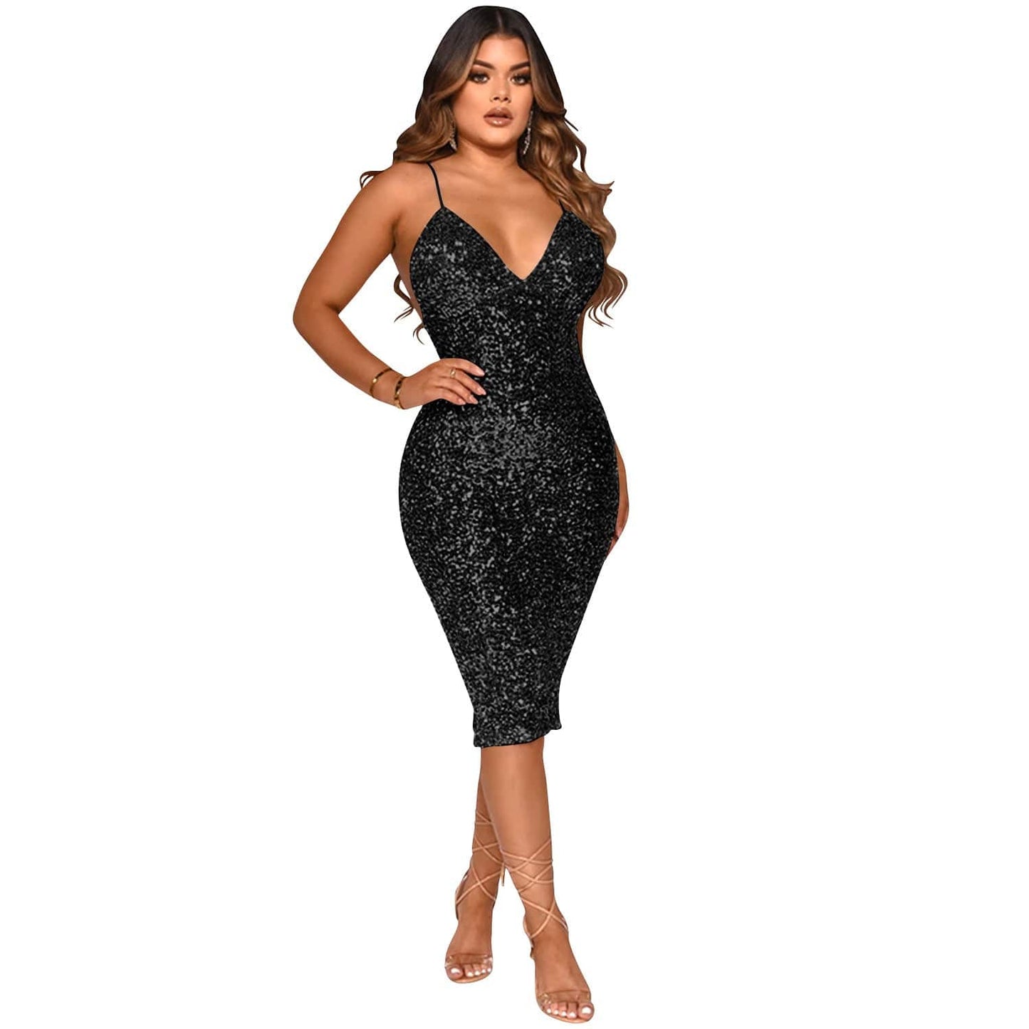 S / Black Womens Dresses 2022 Elegant Backless Sexy Sequined Sling Club Midi Dress Lady Low Cut Bodycon Shinny Solid Color Dresses
