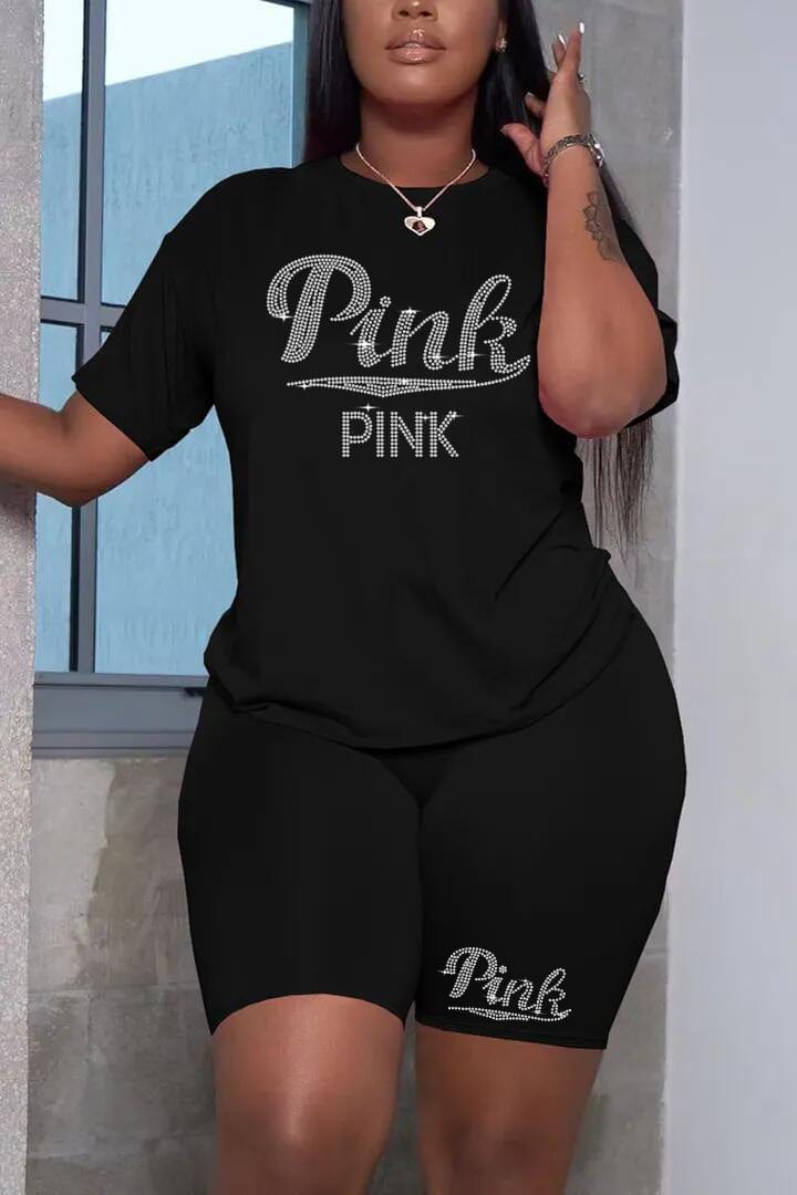 S / Black Z106463 Summer women's Plus Size two piece Casual crystal decoration t-shirts shorts two piece set