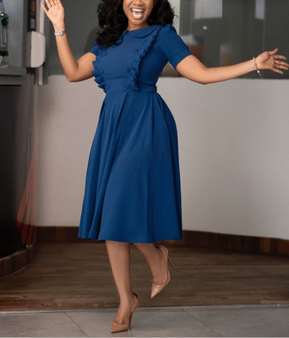 S / Blue 2 Autumn Elegant Fashion Large Size Soild Office Career Dresses Lady
