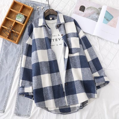 S / Blue 2022 Fall Winter Thick Woolen Long Sleeved Shirt Women Loose Casual Loose Single Breasted Top Plaid Brushed Jacket Shirt T18612Y