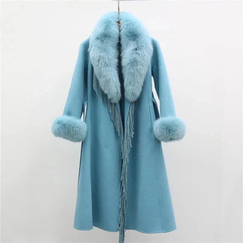 S / Blue 2022 New Elegant Belted Tassels Fashion Blue Color Women Long Wool Cashmere Coat