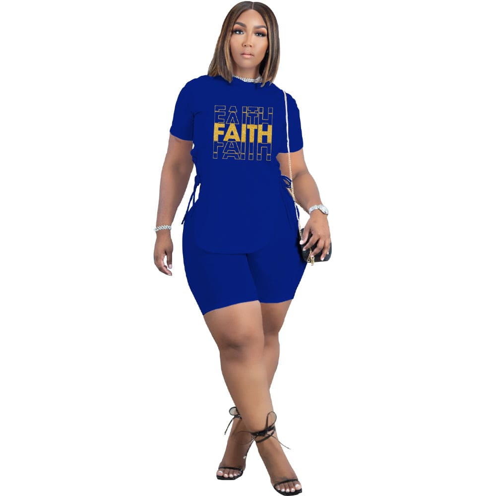S / Blue 2022 Summer Fashion Short Sleeve Irregular Tops Letter Print Bandage Women Shorts Two Piece Set