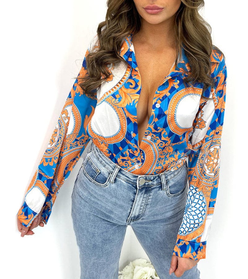 S / Blue 2023 Amazon Hot Sale Spring Summer Blouses Women Long Sleeve Ladies Casual Loose Dressy Floral Print Women's Blouses & Shirts