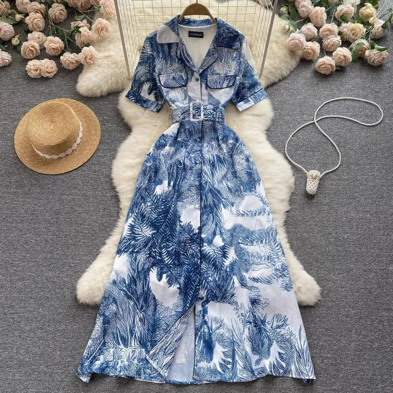 S / Blue 2024 Summer Casual Blouse Print Long Skirt Light Elegant Dress With Belt