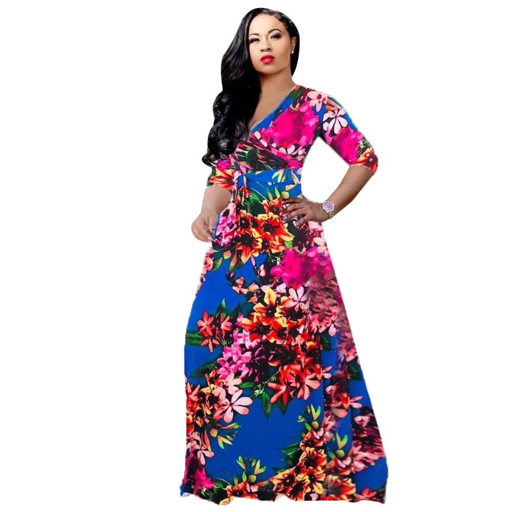 S / Blue Amazon Hot Sale Casual Deep V-neck Print Flower Maxi Dress Plus Size Long Sleeve Prom Fashion Dress