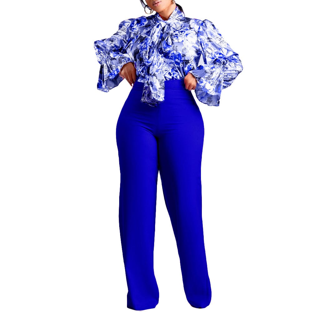 S / Blue C1102ME66 High Quality Casual Floral Print Shirt Office Two Piece Pants Set Women Sehe Fashion