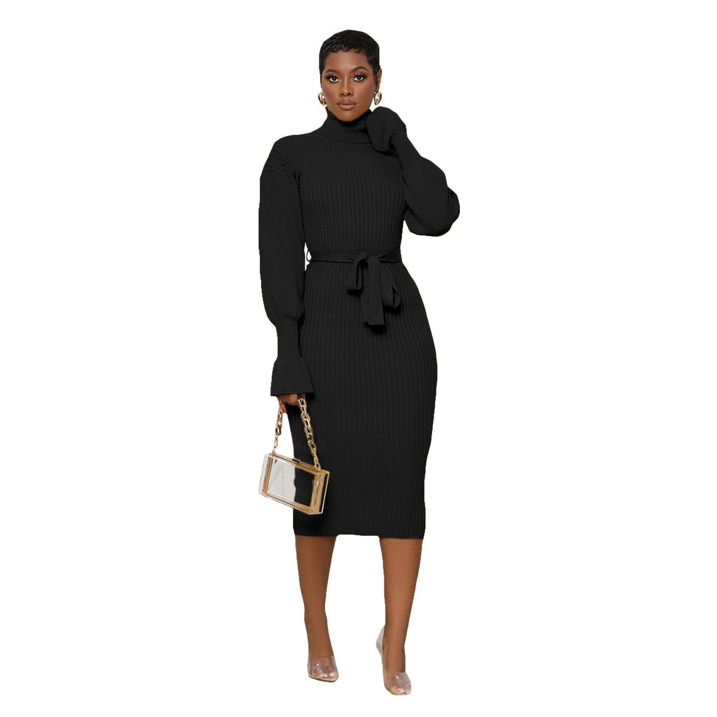 S / Blue C1103TA87 Wholesale Casual Solid Color Stand Collar Knitted Bodycon Dress Women Sehe Fashion